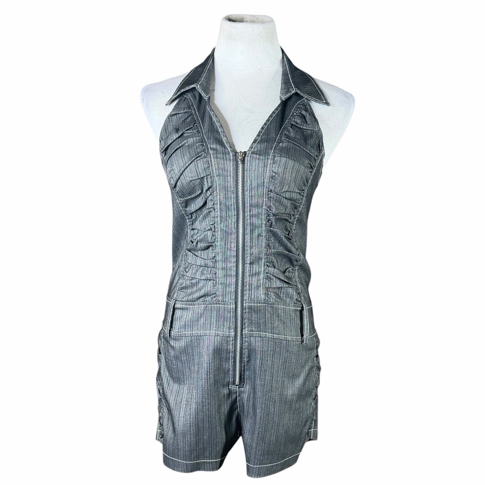San Julian Ultra Dark Wash Denim Full Zip Front Ruched Halter Romper - Large